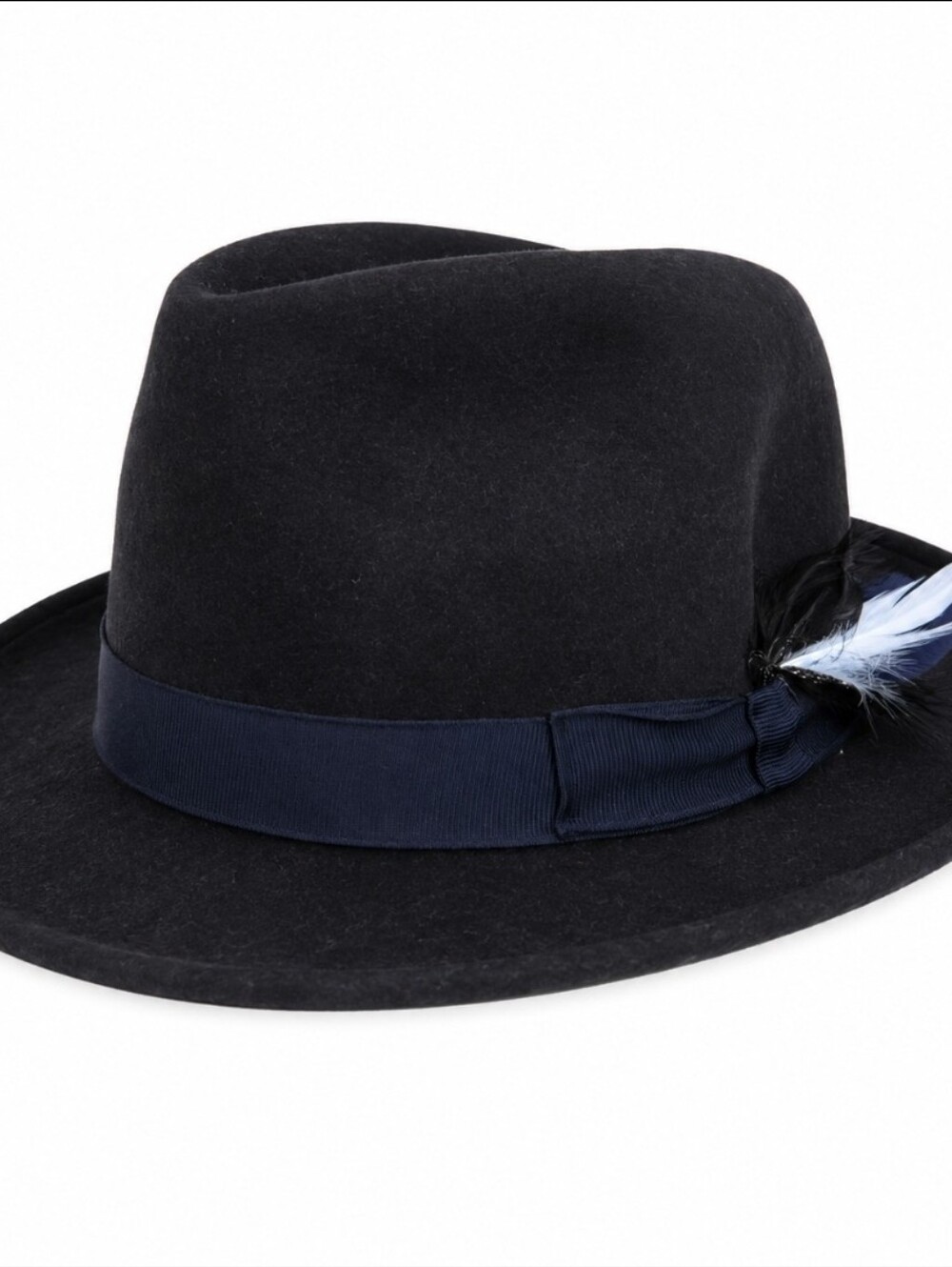 Montefeno 100% Fur Fedora Hat Black Navy Feather Size M 57cm
